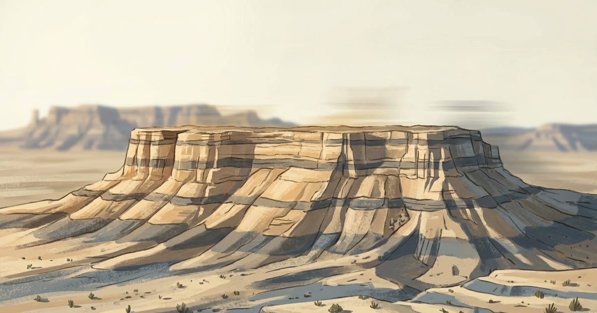 A flat-topped desert plateau in warm bone, charcoal, and dusty slate-blue tones with long amber shadows across the rock face.