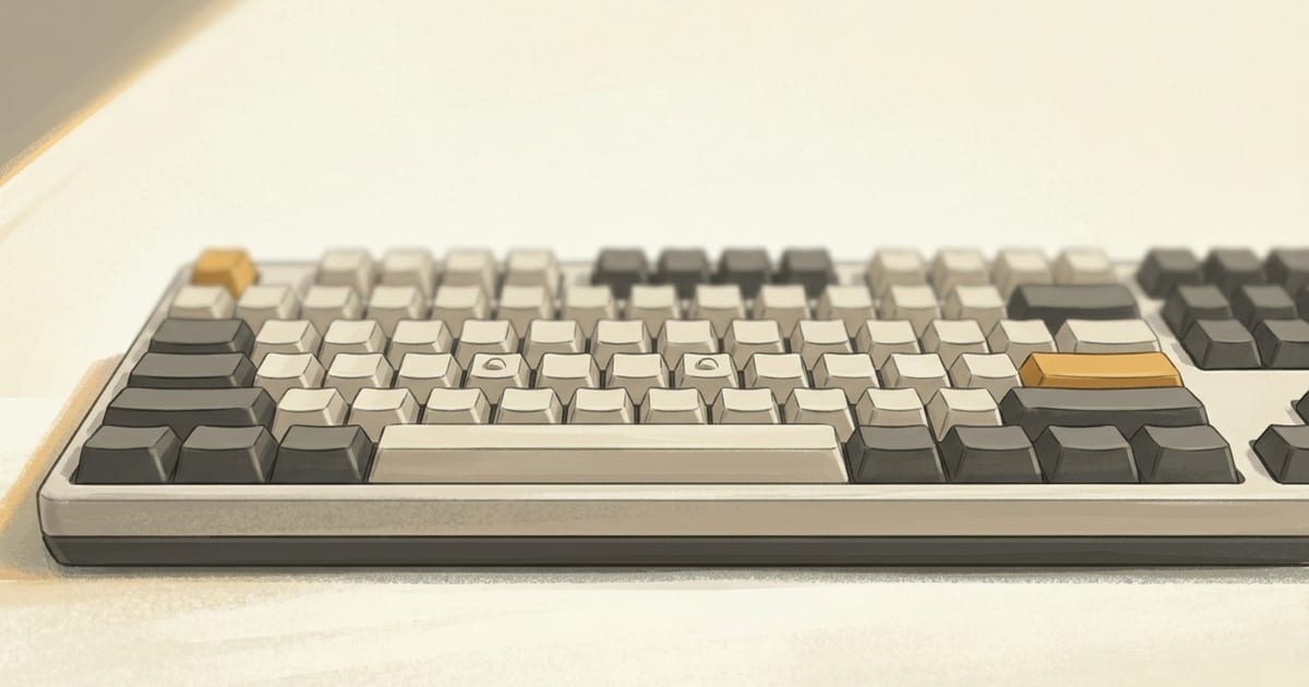 A mechanical keyboard with completely blank keycaps in ivory, charcoal, and amber tones, seen from a low front angle.
