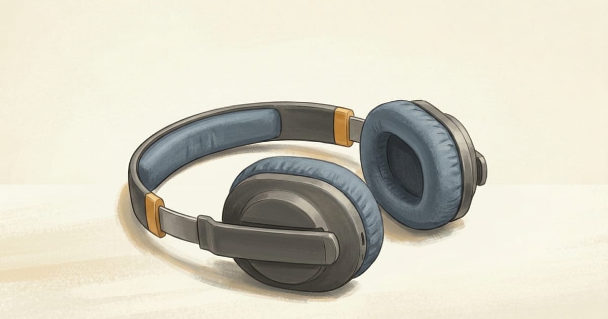 A headset lying flat on a pale surface with soft charcoal frame, dusty slate-blue ear cushions, and a warm amber accent.