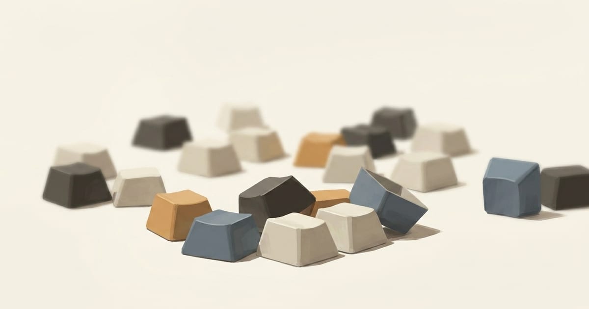 Scattered mechanical keycaps in bone, charcoal, amber, and slate-blue tones lying loosely on a desk, suggesting rearrangement.