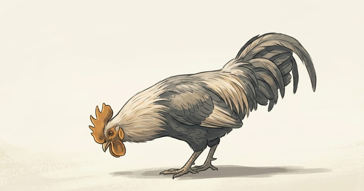 A rooster standing in profile with head tilted down mid-peck, rendered in soft charcoal and warm bone tones with amber highlights.