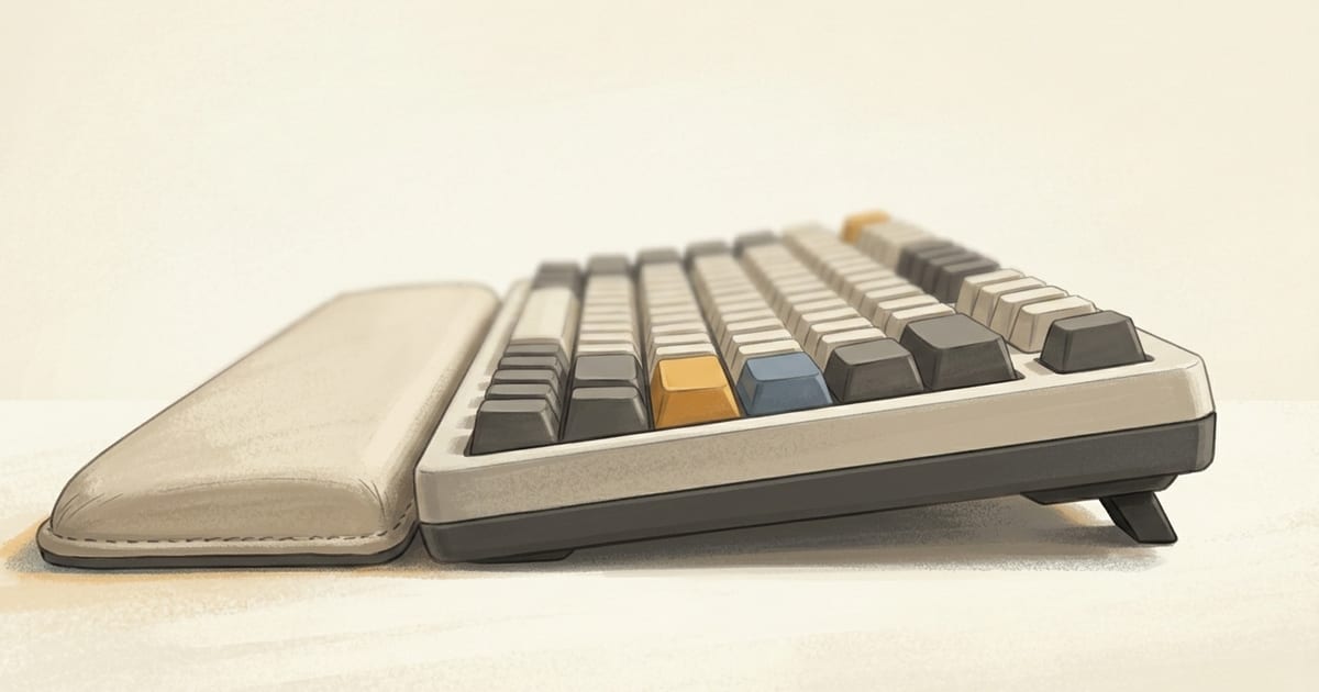 A mechanical keyboard tilted on rubber feet with a cushioned wrist rest in front, showing an ergonomic typing setup.