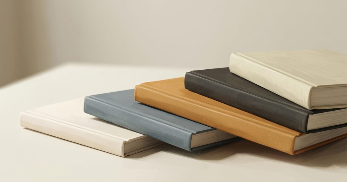 Stack of mechanical keycaps arranged in ascending stepped heights on a pale surface in ivory, dusty slate-blue, and warm amber tones.