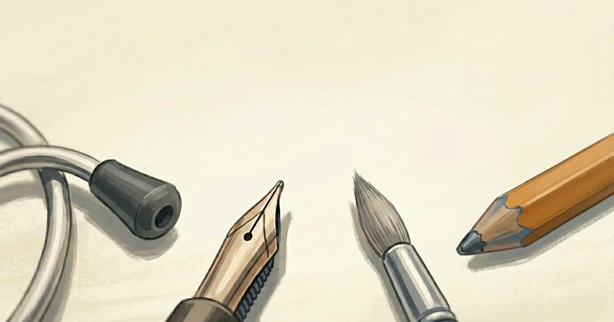 Professional tools arranged on a pale surface — a stethoscope earpiece, pen nib, paintbrush tip, and amber mechanical keycap.
