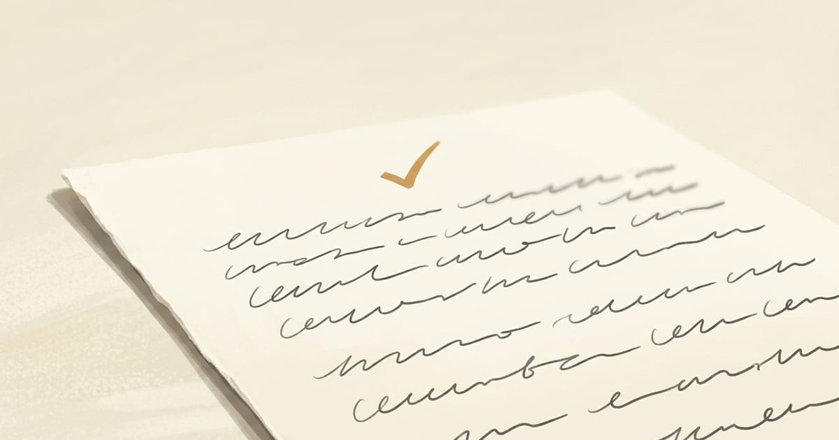 A sheet of paper on a pale surface with wavy scribble lines in soft charcoal and a single amber checkmark near the top.