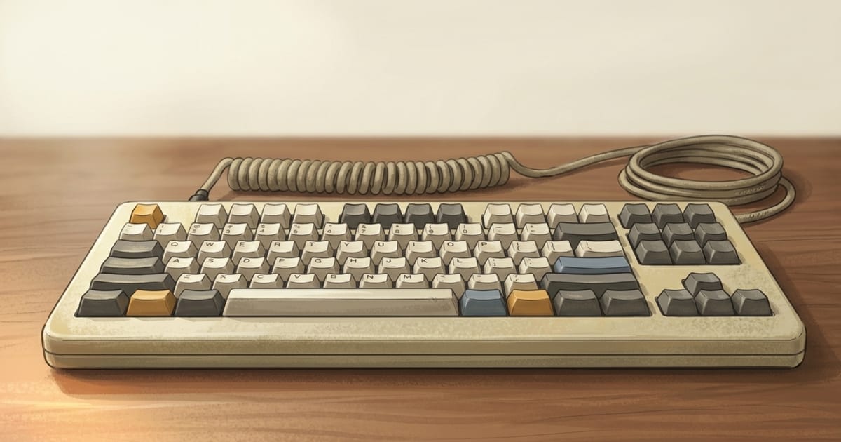 A vintage mechanical keyboard with worn keycaps and a coiled cable resting on a polished wooden desk.